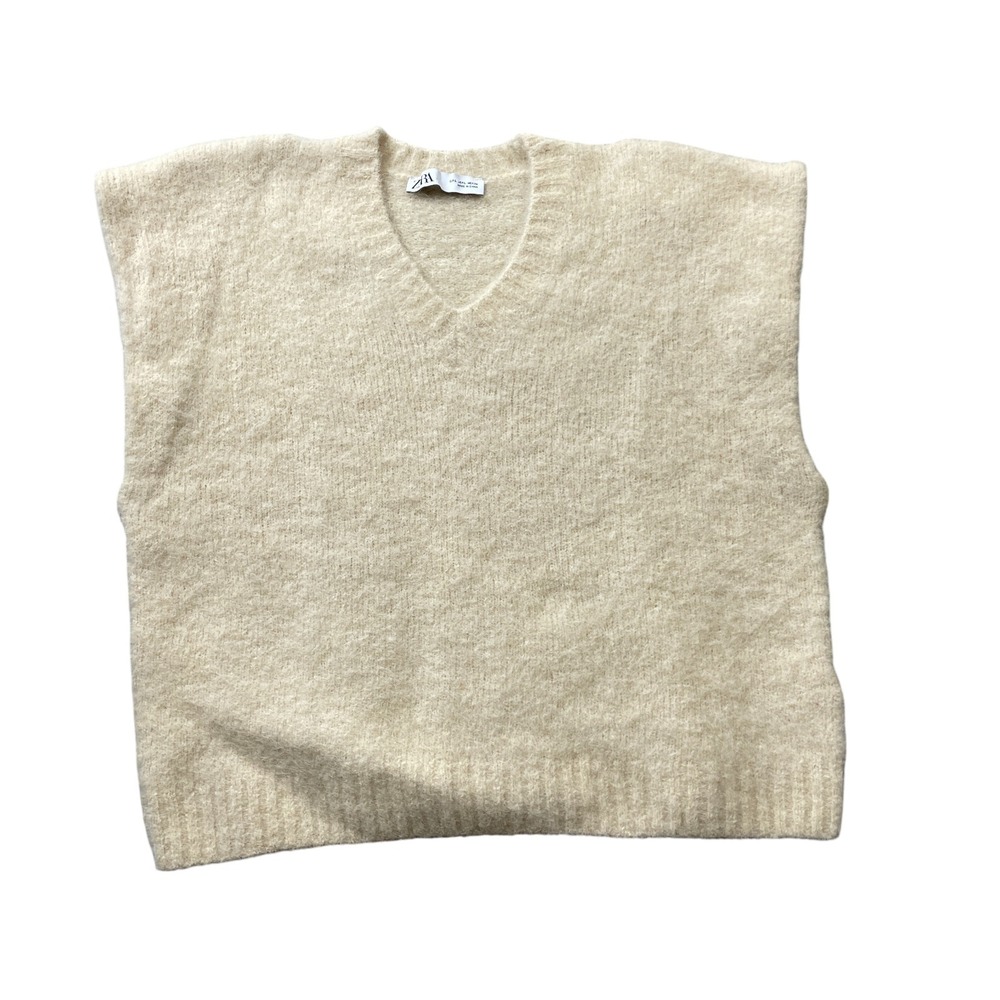 Zara Sweater Vest Large Beige Fuzzy Alpaca Blend